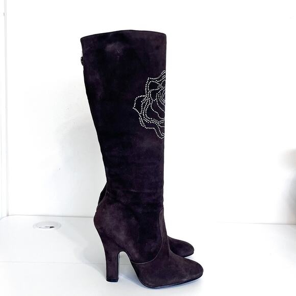Betsey Johnson Y2K Suede Bling Knee High Boots Size 7M Brown Western Rhinestone - Picture 1 of 12